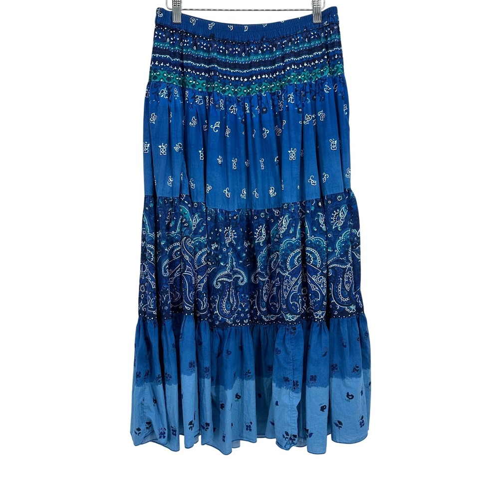 Phool Maxi Skirt‎ Tiered Boho Paisley Print Elastic Waist Blue Cotton S